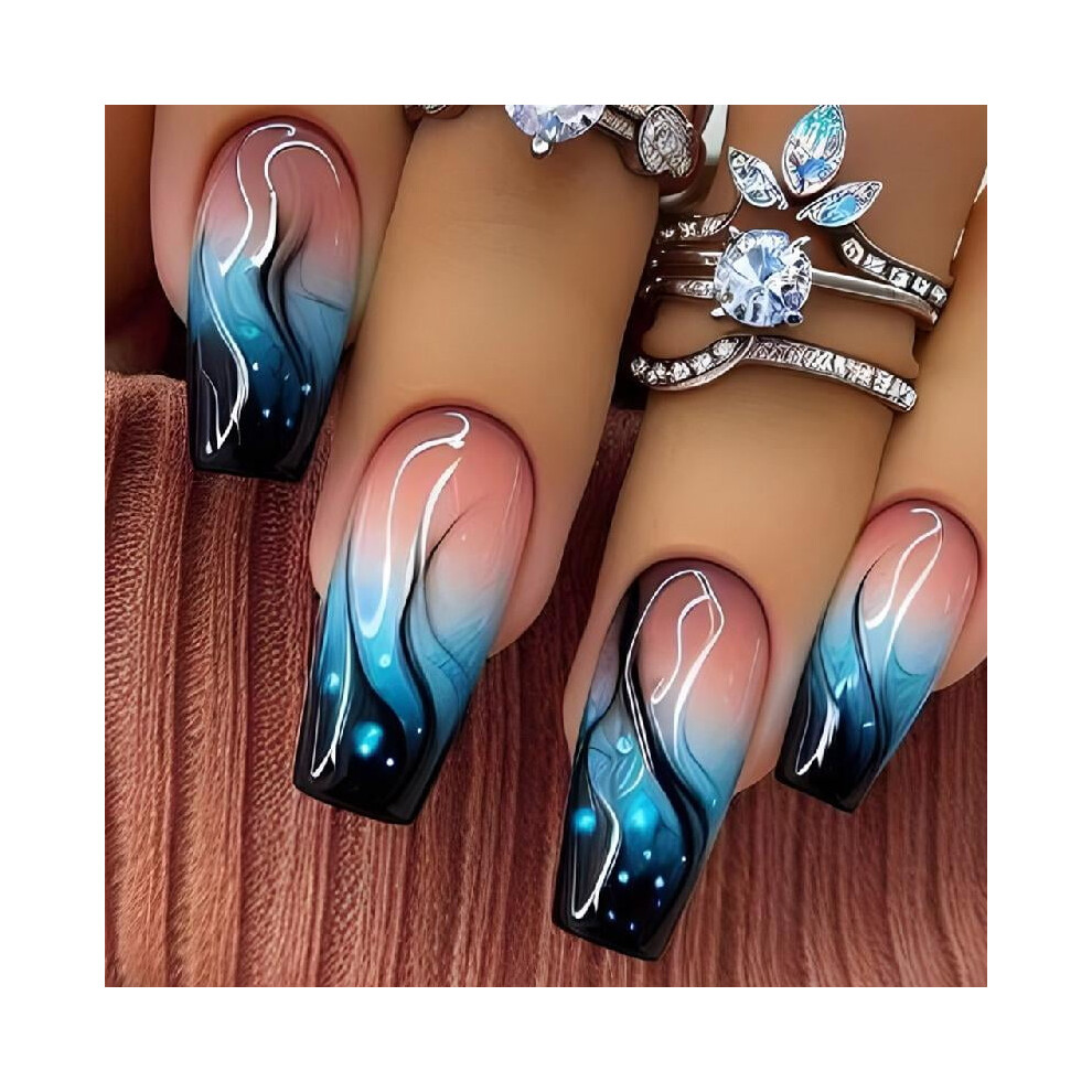 Blue 24 Pcs Long Ballerinas Press On Nails Acrylic False Nails Artificial Nails Gradients Flame Stick On Nails For Party