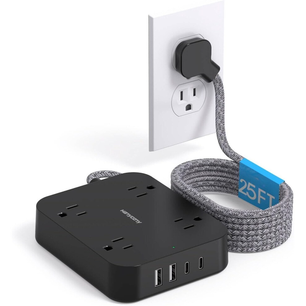 Black 25Ft Flat Plug Extension Cord With 4 Outlets, Wall-Mountable Desk Power Strip For Office, Travel & Dorm Â Compatible With Us Outlets 9499224025455