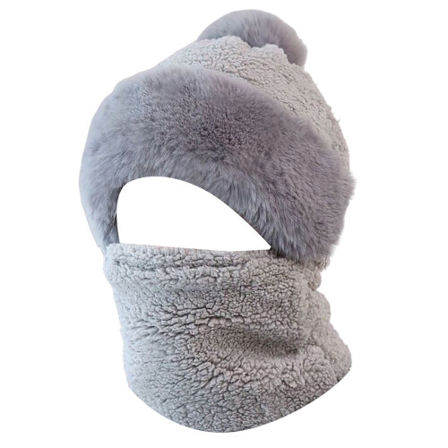 Set da donna composto da cappello e sciarpa in maglia, colore grigio.