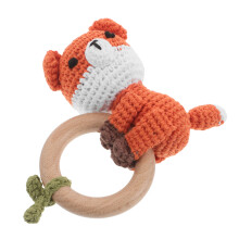 Jouet Calme Bébé Renard Crochet Orange Bois Coton Doux