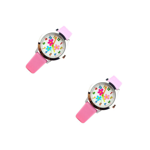 2Pcs Adorable Pink Kids Watch Flower Pattern Durable Quartz Gift