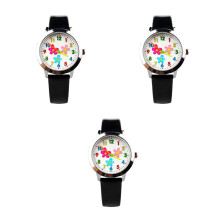 3Pcs Black Quartz Flower Pattern Watch Comfortable Kids Birthday Gift