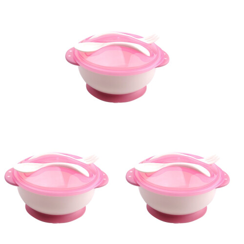3Pcs Baby Suction Bowl Set Pink Toddler Feeding Tableware Fork Spoon
