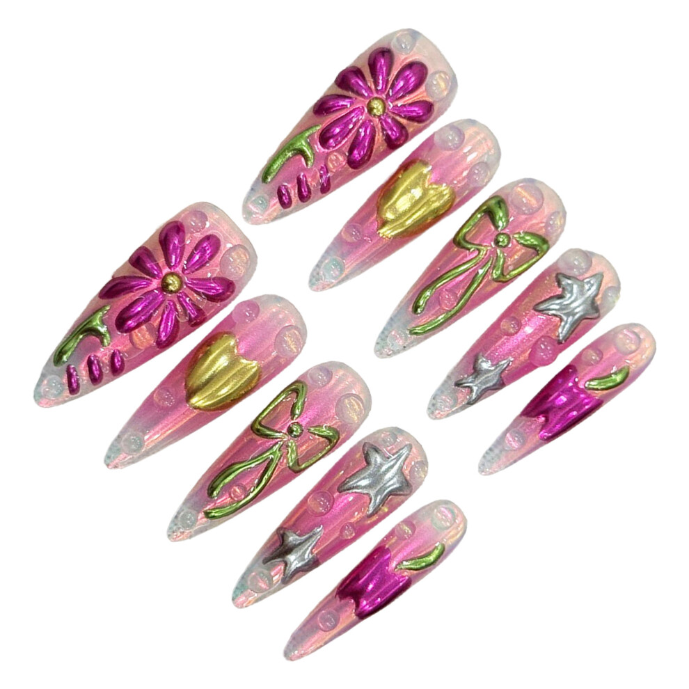 Zhouq-Outdoors (Xs) 10Pcs Pink Press-On Nails With Flower Decor