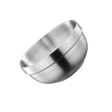Bol de acero inoxidable con doble capa aislante, fácil de limpiar, ideal para servir sopas y aperitivos. Un práctico utensilio de cocina.