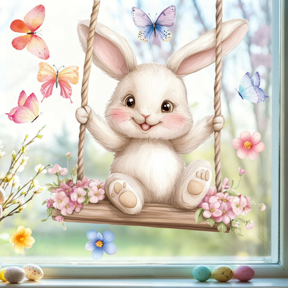 Easter Bunny Window Clings Cartoon Egg Pink Bunny Flower 975221336606