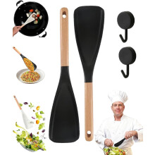 Neuer Multifunktionslöffel aus Zeder und Esche, 2-in-1, langer Salatlöffel aus mattem Holz und Silikon zum Mischen, Schöpfen und Abschaben für