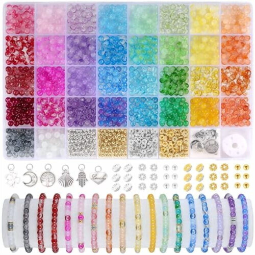 Γυάλινες χάντρες 6 χιλιοστών για βραχιόλια – 1396 τεμάχια, 34 χρώματα, κιτ
