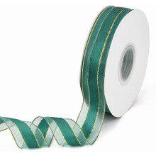 Fita de organza verde-escura com borda dourada, 2,54 cm (1 polegada) e 45,74 metros (50 jardas).