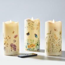 Vlamloze pilaarkaarsen met glasvezelverlichting en afstandsbediening, set van 3, vlinder- en bloemenmotief, lentekaarsen, 3" H6"