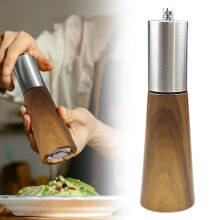 Clearance! Wood-Base Salt & Pepper Grinder Mill, Adjustable Thickness, Stainless Steel, Manual, Compatible with Kitchen Use, Silver, 2.17x7.32"