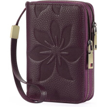 Women's Wallet Double Zip Around Credit Card Holder Ladies Wallet Rfid Blocking Wristlet Purse Medium Size Leather Purple