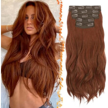 Extensiones de cabello con clip, color castaño rojizo medio, 50 cm (20 pulgadas), ondas sueltas, trama de encaje gruesa de 5 piezas, sintético
