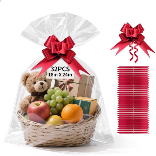 Cellophane Gift Bags 16x24 inches 32 pcs with red pull bows