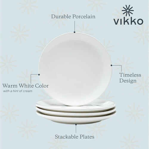 White Ceramic Dinner Plates (10"), Set of 4, Stackable, Dishwasher & Microwave Safe, Restaurant Style