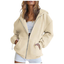 Women's 2025 Zip Up Y2K Hoodies Casual Long Sleeve Sweatshirts Fall Spring Track Jackets with Pockets Beige, XL