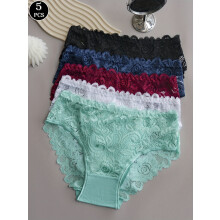 5pcs Floral Lace Panty Set, Women's Comfortable Triangle Panties with Lace Trim