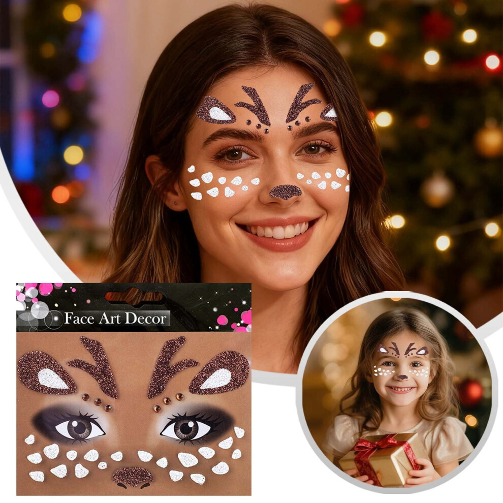 Deer Face Stickers â Rhinestone Glitter Halloween Tattoos for Women & Men, Self-Adhesive Animal Face Tattoos, Party Makeup Supplies (Deer)