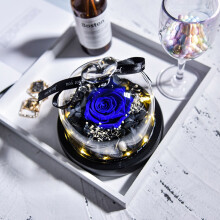 Blue preserved roses in glass dome—gifts for her on anniversary, birthday, Valentine's, Mother's Day, Christmas; compatible with women, wife,