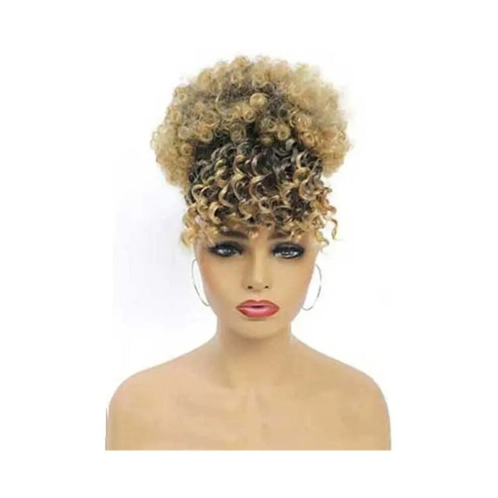 Unisex Synthetic Short Kinky Curly Drawstring Ponytail With Bangs, Clip In Afro High Puff Hair Bun Hairpiece
