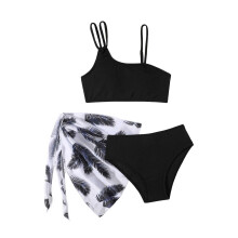 AWZXDE Girls Bikini 3 Piece Set Solid Color Cross Back With Leaf Print Mesh Skirt Fast Dry Bathing Suit For Pool 7 12Y Black