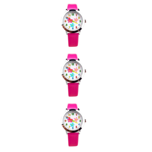3Pcs Flower Pattern Kids Watch Rosy Durable Strap Birthday Gift Quartz