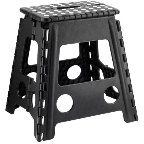 (Black) Large Step Stool Folding 16" Plastic Anti Slip Grip Multi Purpose Easy Storage Tall