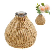 Vaso de vidro com tampa de rattan, vaso redondo de vime para flores, recipiente de vidro para arranjos florais e decoração de mesa.