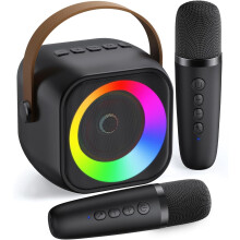 Mini máquina de karaoke con 2 micrófonos inalámbricos y luces para fiestas – Altavoz Bluetooth portátil para niños, adultos, fiestas en casa,