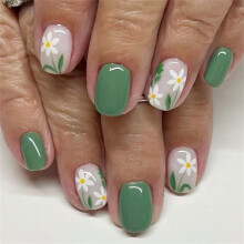 24 Uñas postizas cortas cuadradas de color verde claro, cobertura completa, brillantes, con flores, para aplicar a presión.