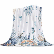 Blue Pumpkin Flannel Blanket 50"x80", Super Soft Cozy for Bed, Travel & Camping – Starfish, Seahorse, Coral Coastal Design, All Seasons