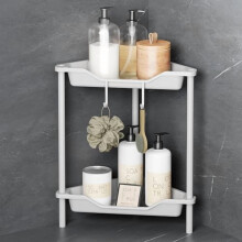 2 Tier Floor Standing Corner Shower Caddy Organizer Plastic Metal Splicing Shelf Storage Rack for Bathroom White - Rustproof
