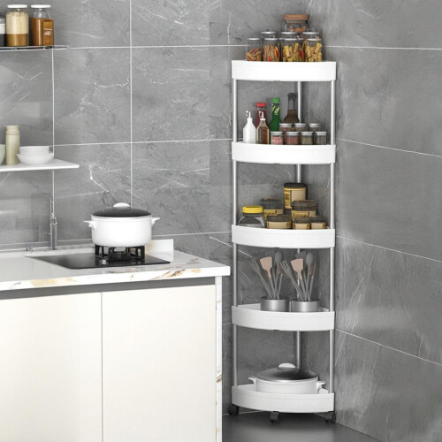 Rustproof 5-Tier Corner Shower Organizer with Wheels & Drain Holes, White