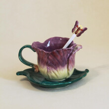 Conjunto de xícara e pires de cerâmica, caneca de café de 177 ml com estampa floral 3D pintada à mão, presente para mulheres - Tulipa rosa