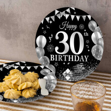 Zwarte en zilveren papieren borden voor de 30e verjaardag - 16 stuks premium wegwerp dinerborden van 18 cm met modern geometrisch design voor