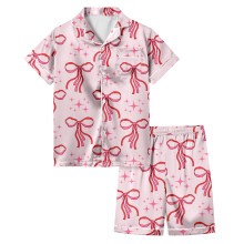Girls Outfits Set Short Sleeve Bow Print Soft Comfortable Home Clothes Two Piece Button Down Lapel Shirts Shorts Summer Kids 3-13Y Leisure Outfit