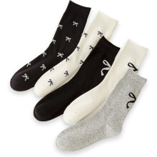Dames enkelsokken met schattig strikje, katoenen oprolbare boord, wit, zwart, grijs, met een leuke print, 5-pack, maat 5-9