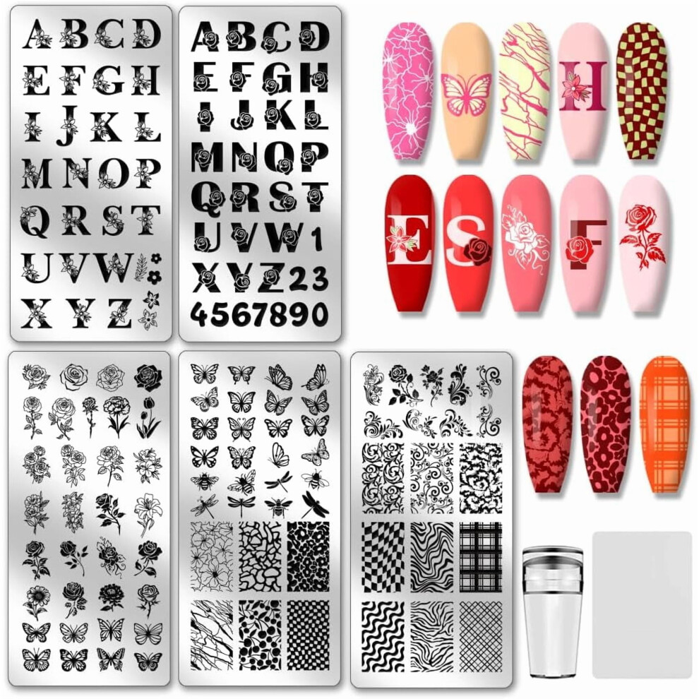 5pcs Letters Nail Stamping Plates Rose Flower Nails Art Stencils Butterflies Nail Art Templates Texture Nails Stencils with Stamper and Scrape
