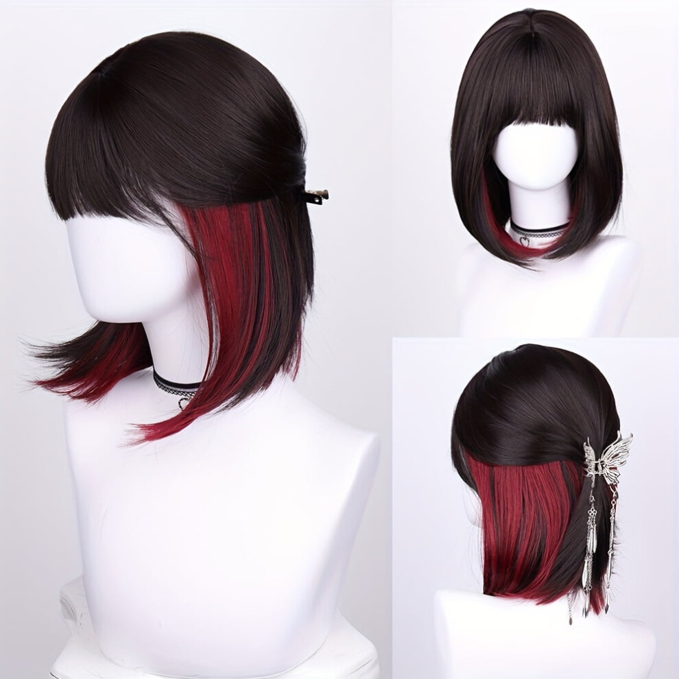 Women's 16" Deep Black-to-Blue-Green Gradient Bob Wig, Natural Straight Synthetic Hair with Bangs, 150% Density, Rosette Net Cap, Compatible with
