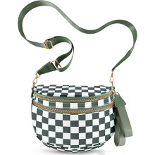 Karierte Umhängetasche für Damen, große Nylon-Bauchtasche in Übergröße, Gürteltasche für Damen auf Reisen, Bohnengrün kariert