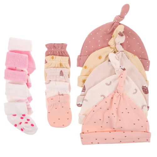 Conjunto de gorro, luvas e meias para recém-nascido em algodão macio.