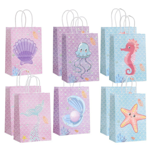 Sacolas de presente com tema oceânico, papel kraft, 12 unidades