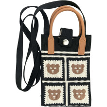 Strikket telefontaske med bjørnemønster, mini-totetaske til kvinder, crossbody-taske med skulderstropper og håndtag