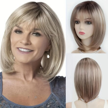 Perruque bob élégante avec mèches dorées et frange pour femme - Cheveux synthétiques lisses et résistants à la chaleur, parfaits pour un usage