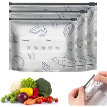 Sacos reutilizáveis de alumínio com fecho zip, etiqueta e à prova de vazamentos para congelador – Compatíveis com vegetais, frutas e carnes.