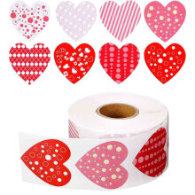 500 Pcs Funky Heart Roll Stickers, Valentine's Day Heart Stickers, Pink Multi-Pattern Heart Shaped Sticker Roll for Scrapbook, Waterproof, Single Use