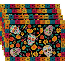 4pcs Halloween Placemats Set Mexican Day Of The Dead Meal Mat, Skull Print Western Style Table Mat Home Decoration