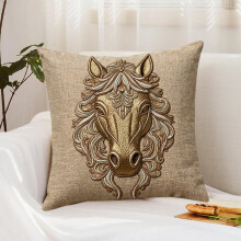 Pillow Cover Burlap Texture with Detailed Horse Head Curly Mane Pattern Art Design, Beige Natural Fabric Surface, Farmhouse Couch Decor