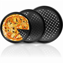 Set of 3 Round Perforated Pizza Pans Non-Stick Carbon Steel Pizza Molds 26cm/28cm/32cm