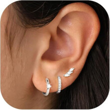 Silver/Gold Plated Stud Earrings Set for Women – Hypoallergenic, Dainty Hoops, Flat Back Cartilage Earrings, 3 Pairs